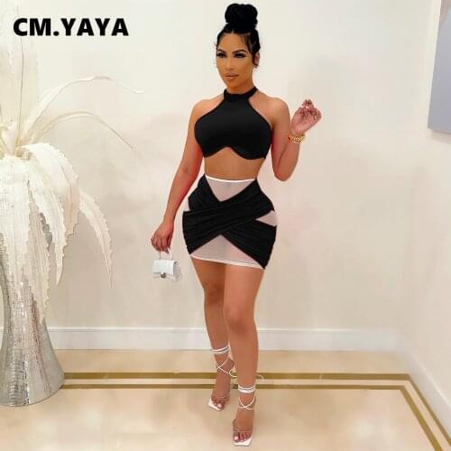 CM.YAYA summer mesh partchwork womens set crop tops and midi mini skirts set matching two 2 piece set tracksuit
