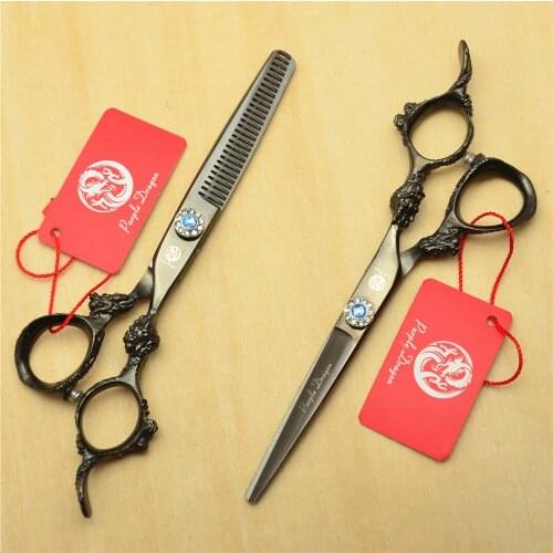 2Pcs 6 Inch Black 440C Professional Human Hair Hairdressing Scissors Cutting Shears + Thinning Scissors Big Dragon Handle Z9004