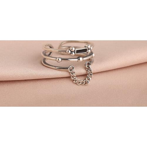 2021 Fashion Women Black Geometric Multilayer Chain Adjustable Ring Girl Party Festival Mood Tracker Unique Gift Tibetan Silver