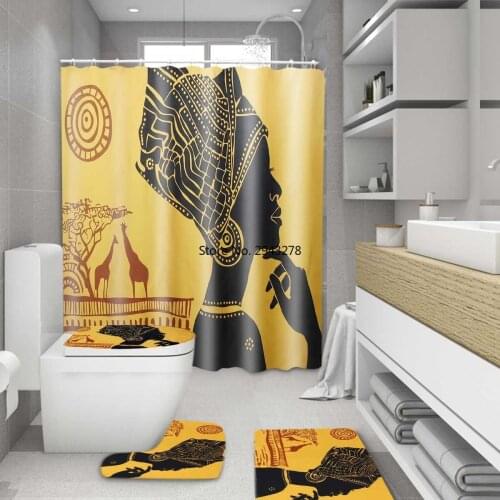 4pcs/set Shower Curtain Bath Mat Set African Woman Pattern Print Pedestal Rug Lid Toilet Cover Anti-slip Mat Bathroom Curtains