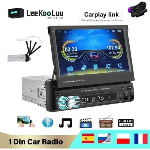 LeeKooLuu 1 Din Car Radio 7" HD Retractable Touch Screen Multimedia Player built-in Carplay bluetooth FM autoradio 1Din Stereo
