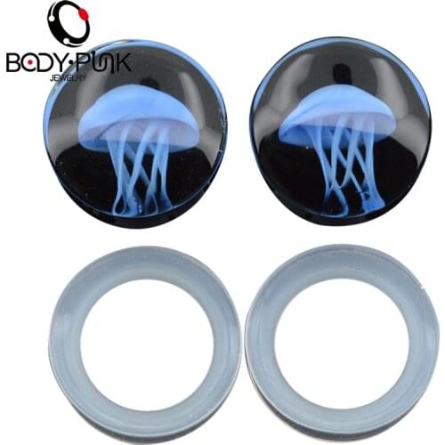 BODY PUNK Unsix Ear Plugs And Tunnels Piercing Jewelry 4pcs Pyrex Glass Blue Jellyfish Plug With Clear Silicone Plugs for Man
