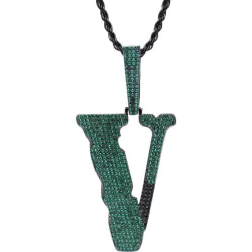 Fashion Full Color Zirconium Letter Big V Word Hip Hop Tide Brand Pendant Necklaces for Men Personality Jewelry