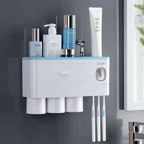Toothpaste dispenser wall mounted storage rack bathroom pendant magnetic adsorption toothbrush holder automatic extrusionMJ61808