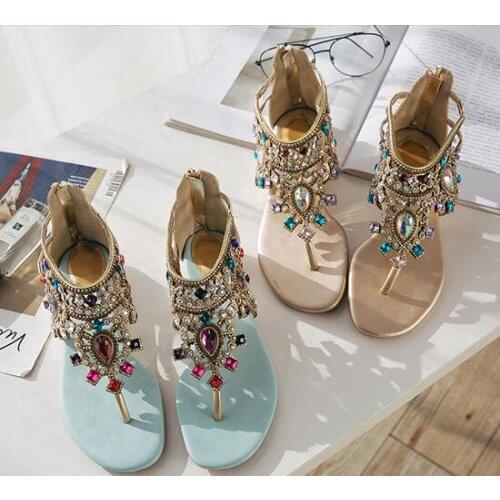 INS sexy lady summer colorful diamonds T strap flip-flops rhinestones beading woman beach T strap Flip sandals