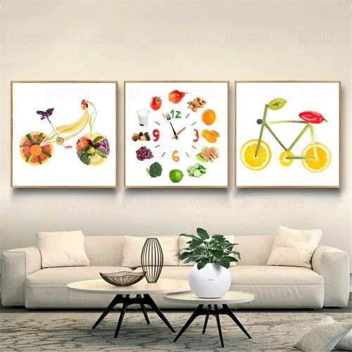 Food Painting Funny Vegetable Fruit Bike Art Lemon Bicycle Clock Poster Nordic Scandinavian Kitchen Bathroom Bedroom Decoration