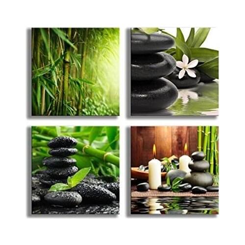 Paintings Bamboo Green Pictures with Zen Stone Candles Flower Print on Canvas Wall Art for Home Decoration Bathroom Living Room