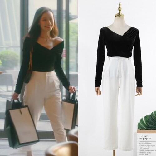 Kpop IU Seo Yea Ji Black Sexy V-neck Strapless Slim Full Sleeve T-Shirt Tops+White High-Waist Straight Pants Women Two Piece Set