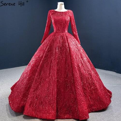 Red Luxury Ball Gown Plus Size Wedding Dresses For women 2020 Long Sleeve Sequins Beading Bridal Gowns BHM67121 Couture Dress