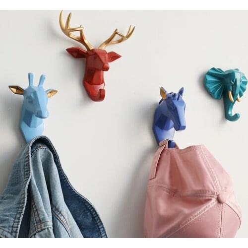 Nordic Creative Clothes Hook Cute Animal Head Resin Decoration Non Perforated Wall Clothes Hook Paste Key Hook