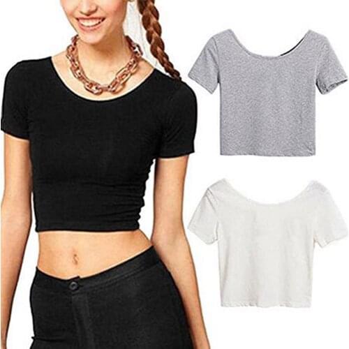 Summer Women Sexy Scoop Neck Crop Tops Short Sleeve Midriff Casual Blouse T-Shirt Female Solid Regular Tops Short traf