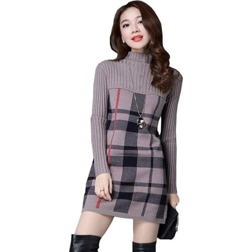 2021 New Women Autumn Winter Dress Turtleneck Long Sleeve Plaid Knitted Sweater Dress Female Loose Sweater Pullovers Dress OK485