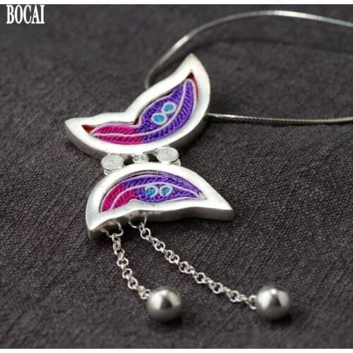 BOCAI New solid S990 pure silver ancient method hand embroidery literary butterfly long tassel clavicle chain woman pendant
