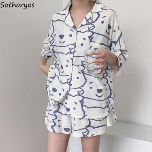 Pajama Sets Sleepwear Sweet Cute Print Casual Soft Student Turn-down Collar Fashion Korean Loose Home Clothing Soft Lounge Ins