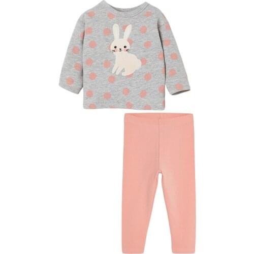 Girls O-neck Long Sleeve Casual Fashion Cute Rabbit Grey T-shirts+Pink Pants 2PCS Clothing Sets Cotton Spring Autumn Set