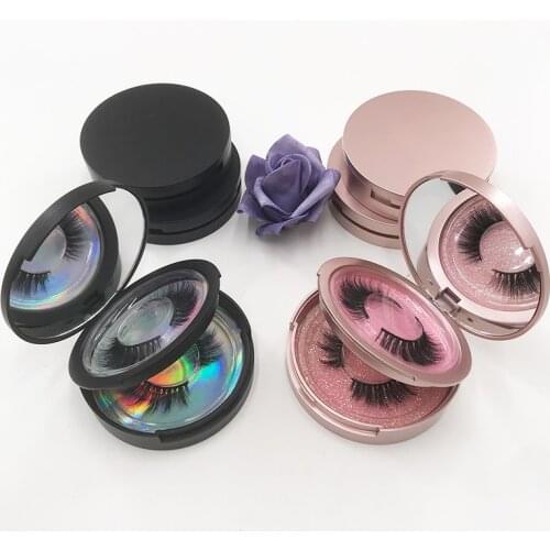 Round Mirror Eyelash Packaging Customize Eyelash Box Empty Black Case for Natural Mink Lashes