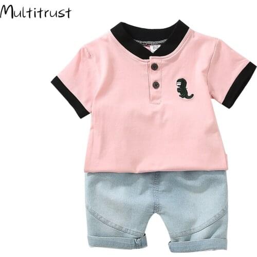 2020 2pcs Newborn Baby Boys Clothes Set Kid Cartoon Dinosaur Short Sleeve Shirts Tops Solid Denim Shorts Set 18M-4T