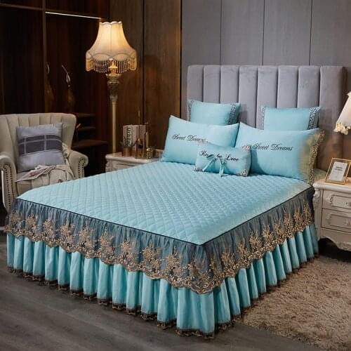 Warm Thick Princess Lace Embroidery Microfiber Fabric Double Bedspread Bed Skirt With Cotton Home Bedding Bed Cover Pillowcase
