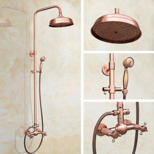 Vintage Red Copper Brass Wall Mounted Bathroom Rain Shower Faucet Set Mixer Tap 8" Round Shower Head Dual Cross Handles arg521