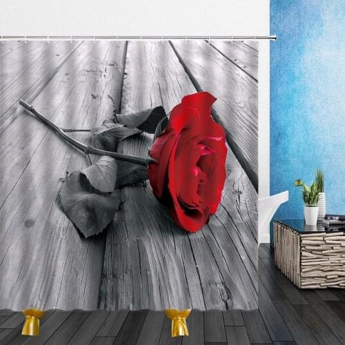Flowers Shower Curtains Red Blue Yellow Rose Board Gray Tone Pattern 3D Print Waterproof Cloth Bathroom Decor Curtain With Hooks