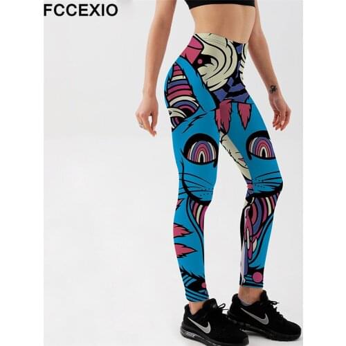 FCCEXIO Cute Smile Cat Printed Workout Pants Leggings High Waist Gym Legging Push Up Seamless Fitness Women Sexy Leggings