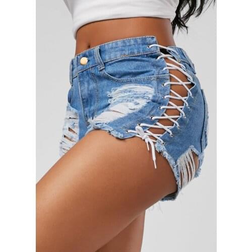 2021 Denim Shorts Bandage Black Hole Sexy Hot Fashion Summer Slim Ripped Jeans Short Pants Lacing Goth Casual Shorts