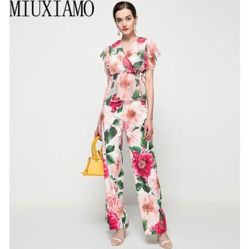 MIUXIMAO 2021 Summer New Women Sets Holiday Party Chiffon V-Neck Blouse And Casual Trousers Flower Print Fashion Two-Piece Suit