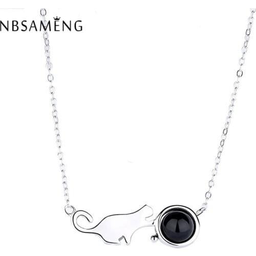 New Authentic 925 Sterling Silver Cat Kitty Necklace Black Onyx Cubic Zirconia Pendant For Women Party Gift Fine Jewelry