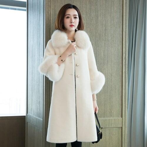 2020 Winter new ladies Real sheep shearling coatwith genuine fox fur collar cuffs pashmina coat women Outerwear