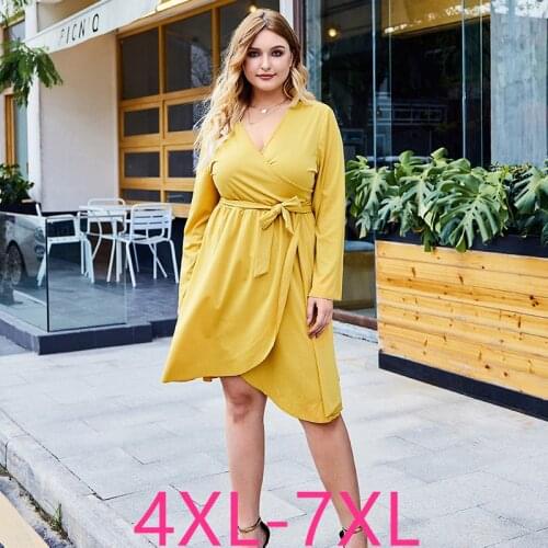 New autumn winter plus size dress for women large loose casual scollop V neck low-cut dresses belt yellow 4XL 5XL 6XL 7XL