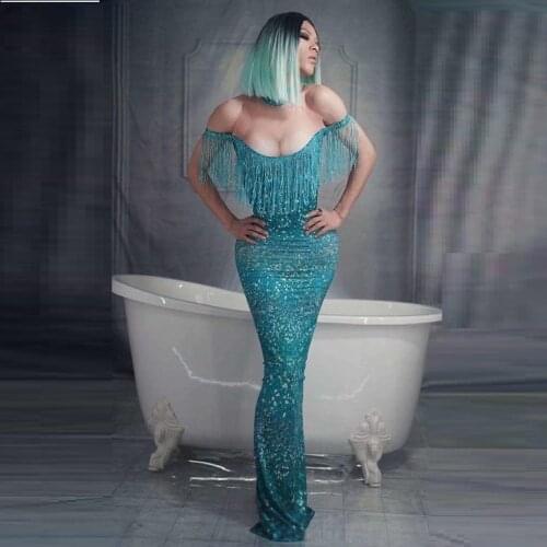 2020 New Arrival Green Gold Blue Rose Red Tassels Evening Celebrity Party Dress Off The Shoulder Long Maxi Luxury Sequin Vestido