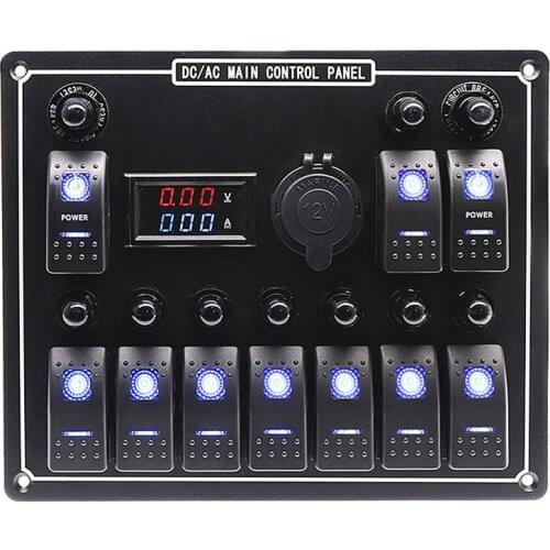 10 Gang Rocker Switch Panel Waterproof Car Auto Boat Marine LED AC/DC Dual Power Control Overload Protection 15A DC Output