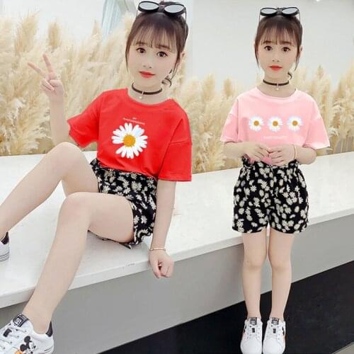 2021 Summer Girls Suit Clothing Sets Childrens Clothing Girl Short Sleeve T-shirt+pant 2pcs Lace Flower Clothes Suits 3-7 Years