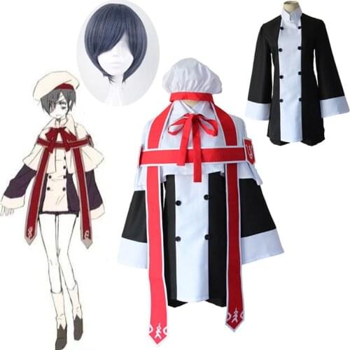 7pcs/set Anime Black Bulter Kuroshitsuji Ciel Phantomhive Church Uniform Outfit Halloween Cosplay Costume Formal Dress wig