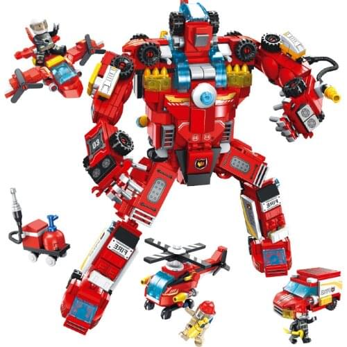 752Pcs Firefighting Series Educational Building Blocks Toys For Kid Boys DIY Birthday Present Car Truck Plane 8 In 1 Robot Model