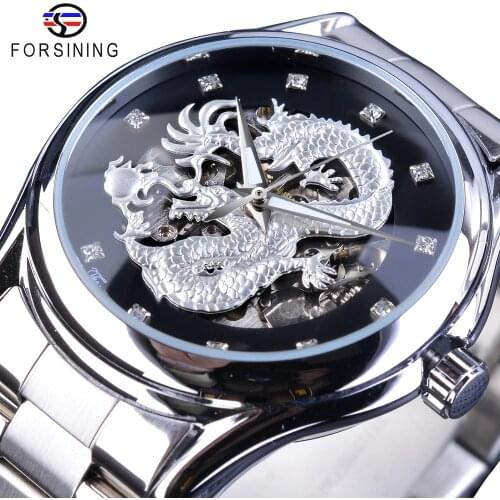 Forsining Classic Dragon Design Silver Stainless Steel Diamond Display Men Automatic Wrist Watches Top Brand Luxury Montre Homme