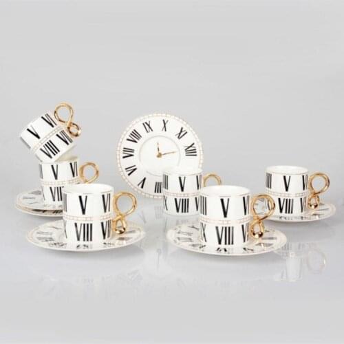 Porcelain Coffee Cup Luxury Set Of 12 Quality Clock Pattern Coffee Turkish Tea Cups with Saucers Plate Espresso Decorative Set