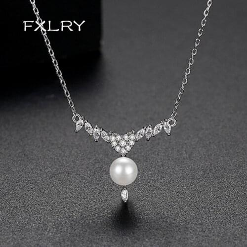FXLRY Elegant White Color micro-inlaid zircon Imitation Pearls Pendant Necklace for Women Wedding Fashion Jewelry