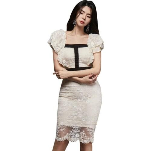 Contrast Womens Dresses New Arrival 2020 Short Sleeve Wrap Midi Lace Dress Ladies Korean Corset Party Dresses Women Evening
