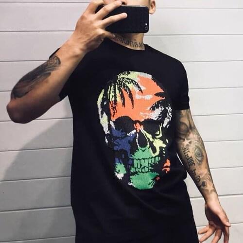 Summer 2020 mens rhinestone short sleeve skull color T-shirt mens slim mercerized cotton breathable bottoming shirt