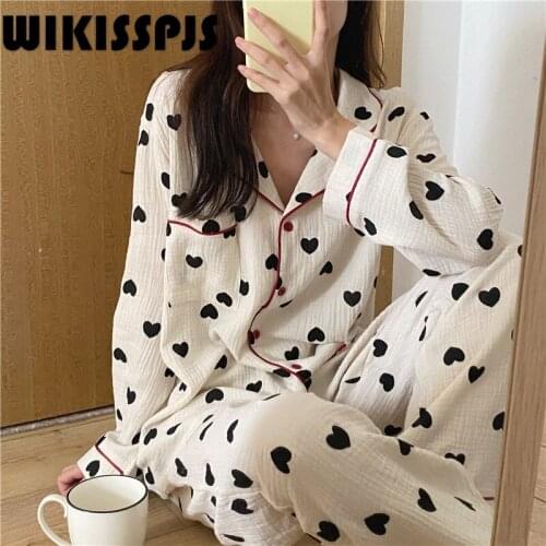 New Cotton Pajamas In Spring 2021 Womens Long Sleeve Love Home Wear Two Piece Suit Pajamas for Teen Girls Cute Underwear Set