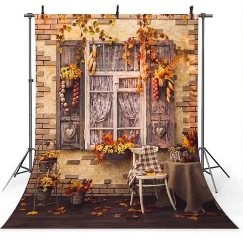 Autumn Maple Leaf Photography Backdrop for Photo Studio Wood Window Brick Wall Background Fall Sunflowers Harvest Photocall