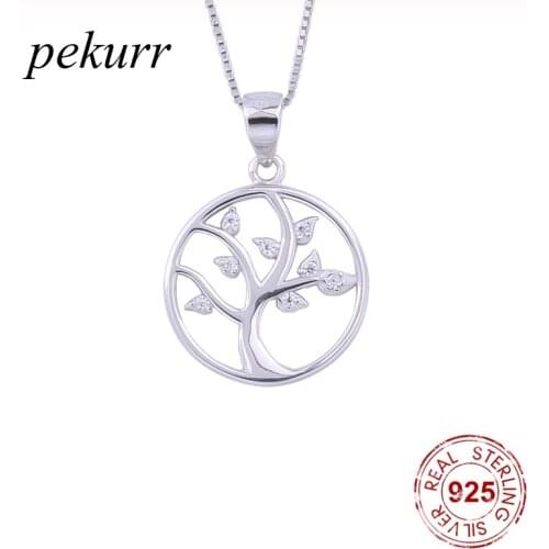 Pekurr 925 Sterling Silver Big Round Tree of Life Necklaces For Women Zircon Female Pendants Long Chain Classic Fashion Jewelry