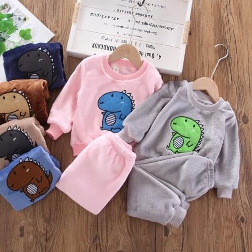 2021 Winter Girls Boys Cute Cartoon Warm Fleece Dino Pajamas Suit Baby Kids Children 2pcs Sleeping Clothing Set