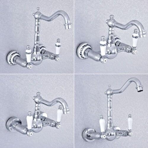 Polished Chrome Brass Wall Mounted Bathroom Kitchen Sink Faucet Swivel Spout Mixer Tap Dual Ceramics Handles Levers msf544