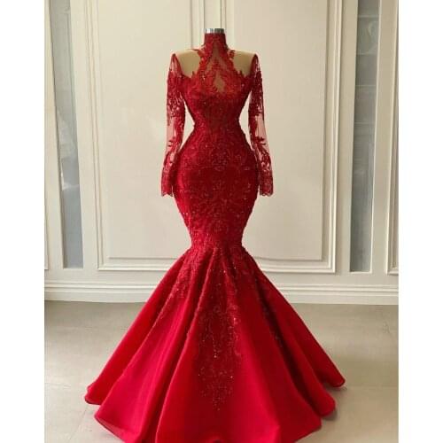 Luxurious Lace Beaded Evening Dresses 2021 Red Shiny Long Sleeve High Neck Mermaid Prom Gowns Vestidos