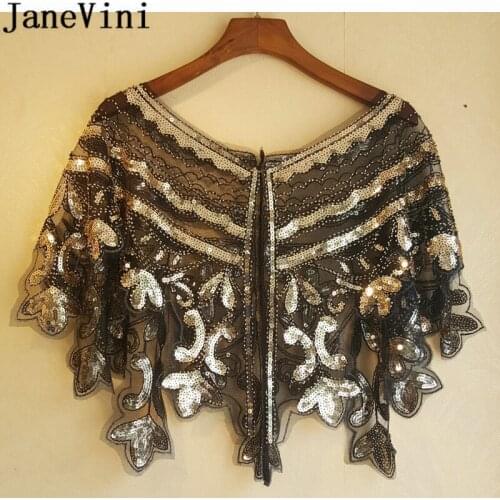 JaneVini Luxury Beaded Gold Black Bolero Capes Bling Sequins Wedding Scarf Bridal Wrap Summer Coat Jacket mantello sposa 2020