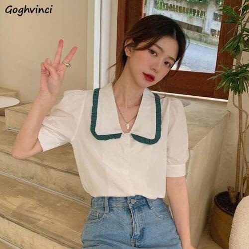 Peter Pan Collar Shirts Women Preppy Style Girls Puff Sleeve Vintage New Stylish Buttons Tops Slim Leisure Outwear Temperament