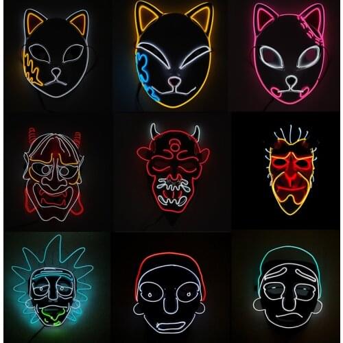 Glowing Demon Slayer EL Wire Mask Cosplay Japanese Anime Devil Hannya American Rick Luminous LED Mask For Party Decoration