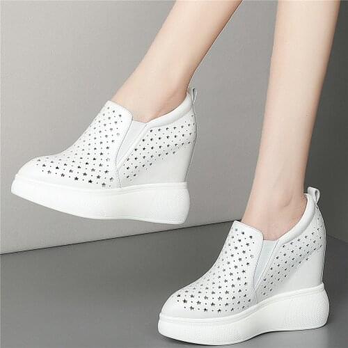 Fashion Sneakers Women Breathable Genuine Leather Wedges High Heel Ankle Boots Female Summer Pointed Toe Platform Pumps Shoes